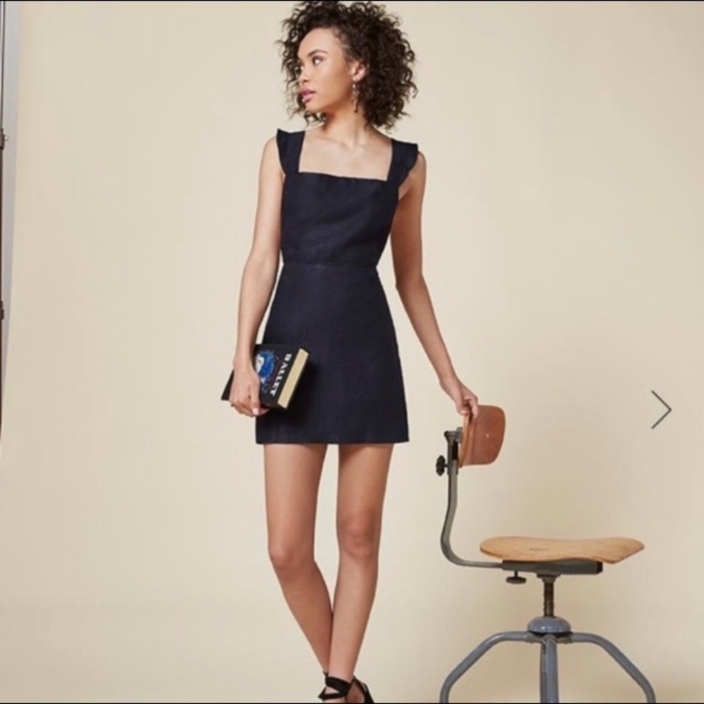 Reformation “Parakeet” Square Neck navy dress.